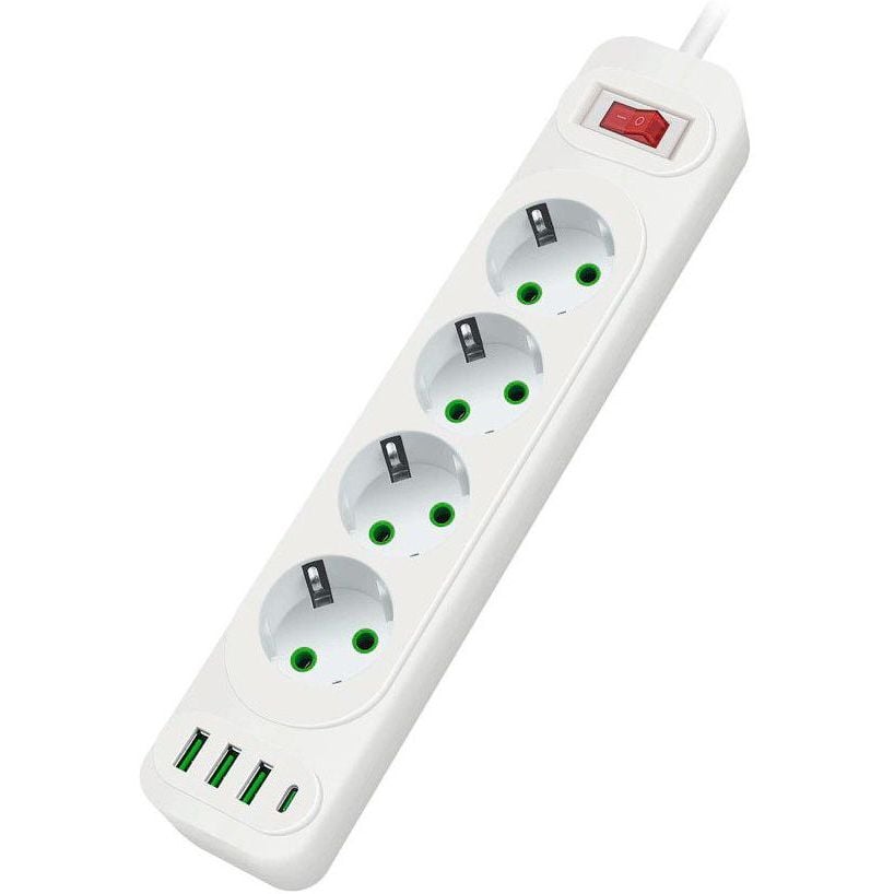 Мережевий фільтр подовжувач Voltronic F-24U 4 розетки EU+3xUSB+Type-C 2 м 3х0.75 мм 2500W White - фото 1