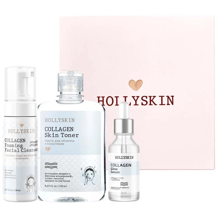 Набір косметики для обличчя Hollyskin Collagen Basic Care: Сироватка 30 мл + Тонік 250 мл + Очищаюча пінка 150 мл - фото 2