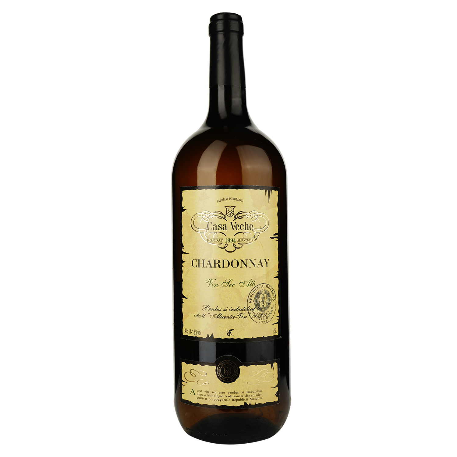 Вино Alianta vin Casa Veche Chardonnay, белое, сухое, 10-12%, 1,5 л - фото 1