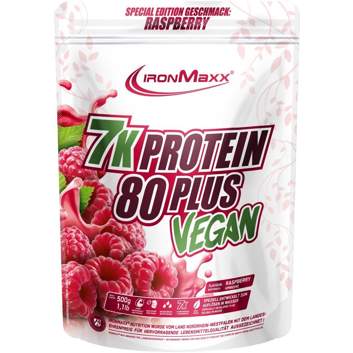 Протеин IronMaxx Vegan Protein 7k-80 Plus Малина 500 г - фото 1