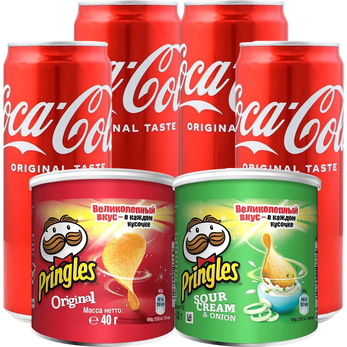 Набор: чипсы Pringles Original 40 г + чипсы Pringles Сметана и лук 40 г + напиток Coca-Cola 1.32 л (4 шт. х 330 мл) - фото 1