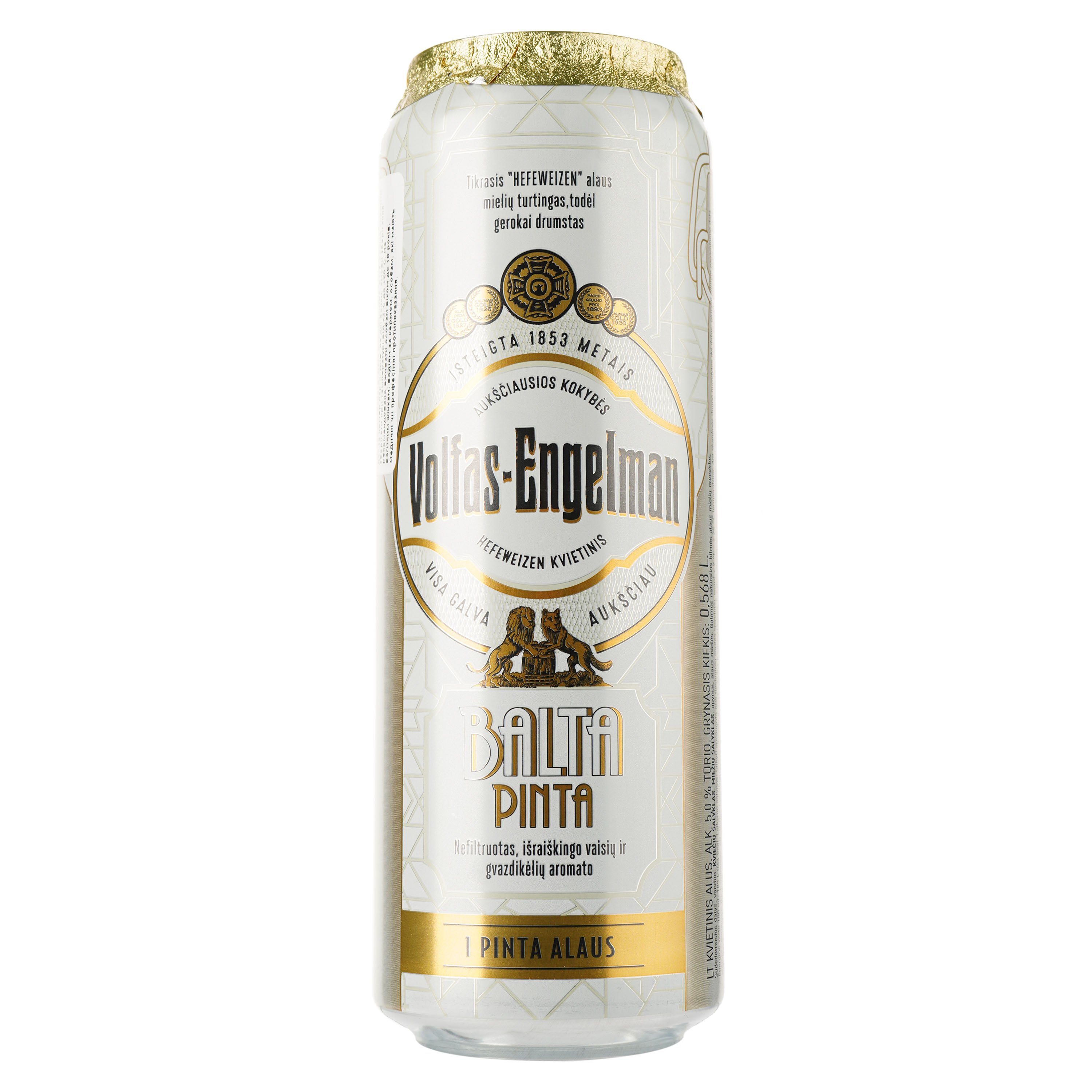 Пиво Volfas Engelman Balta Pinta, пшеничне, світле, нефільтроване, з/б, 5%, 0,568 л - фото 1