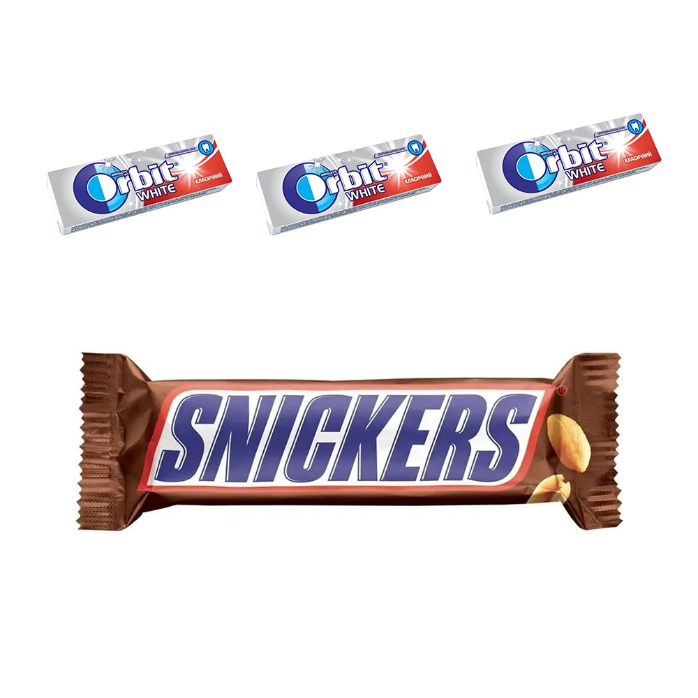 Набір: батончик Snickers з арахісом 50 г + гумка жувальна Orbit White драже 14 г 3 шт. - фото 1