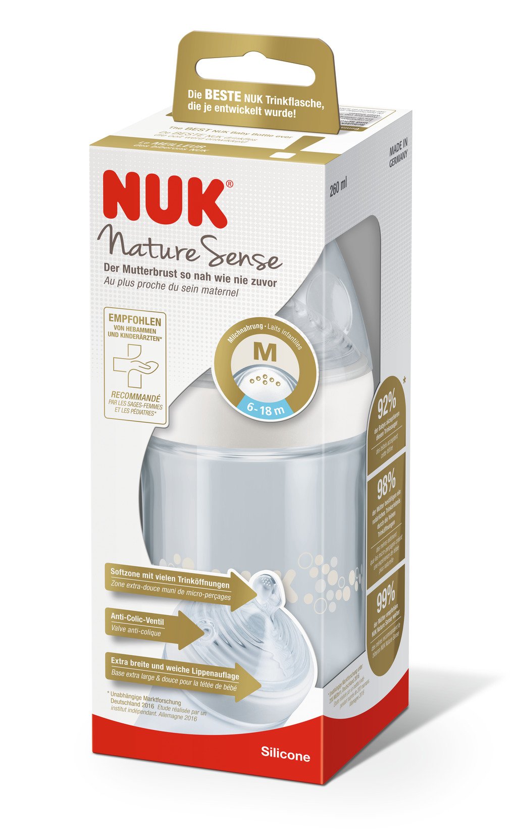 Бутылочка Nuk Nature Sense, с широким горлышком, с силиконовой соской, 6-18 мес., 260 мл, белый (3952538) - фото 5