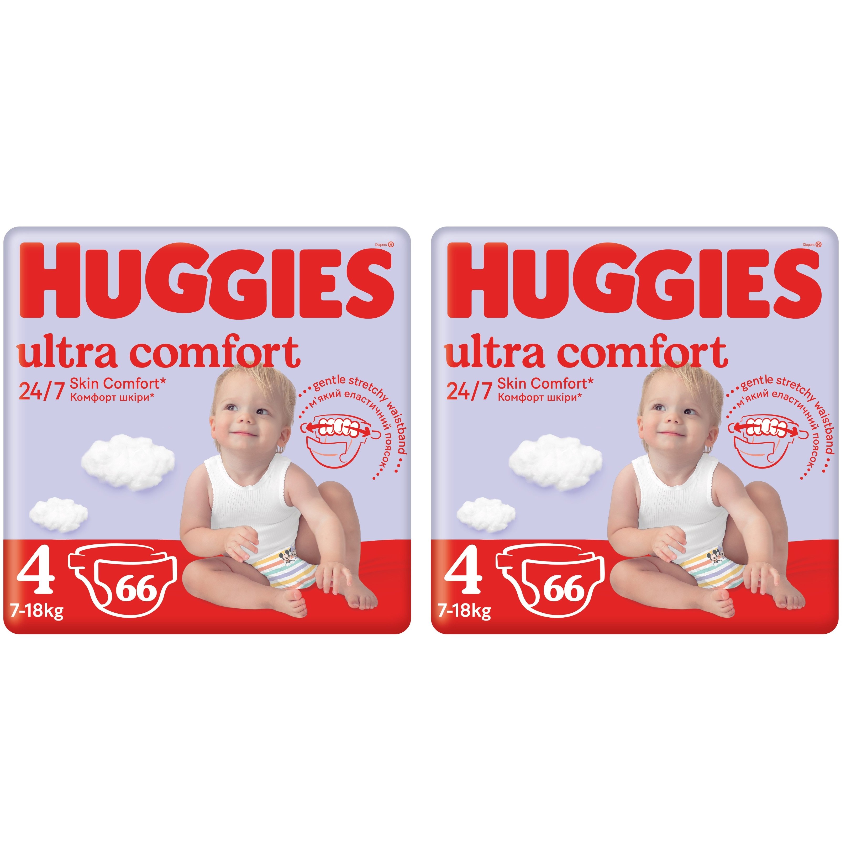 Набір підгузків Huggies Ultra Comfort 4 (7-18 кг) 132 шт. (2 уп. х 66 шт.) - фото 1