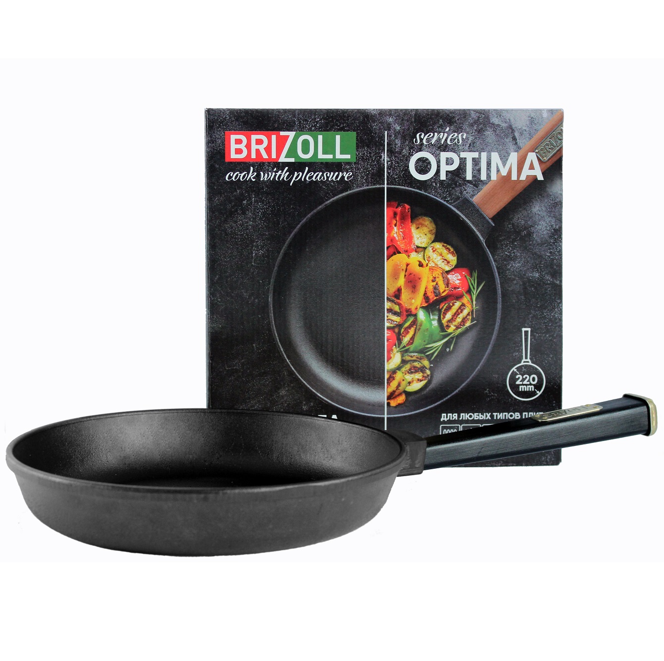 Cковорода Brizoll Optima-Black чугунная с ручкой, 22х4 см (O2240-P1) - фото 1