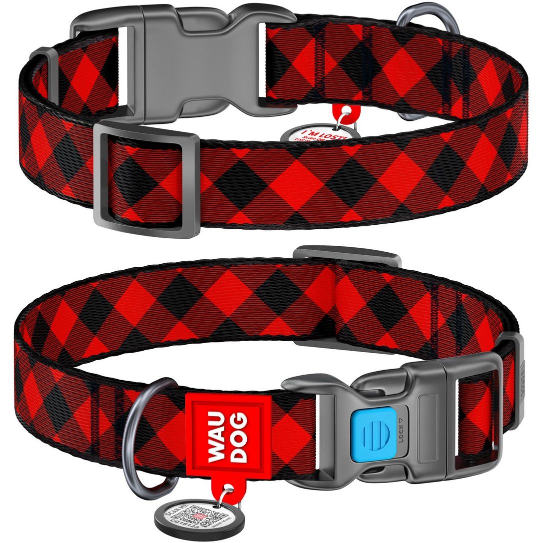 Нашийник для собак Waudog Nylon Шотландка червона, з QR паспортом, пластиковий фастекс, 23-35х1,5 см - фото 3