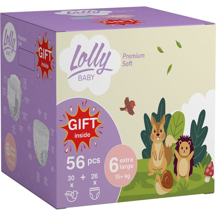 Набір Lolly Premium Soft 6 (15 кг): підгузки 30 шт. + підгузки-трусики 26 шт. + вологі серветки 80 шт. в подарунок - фото 1