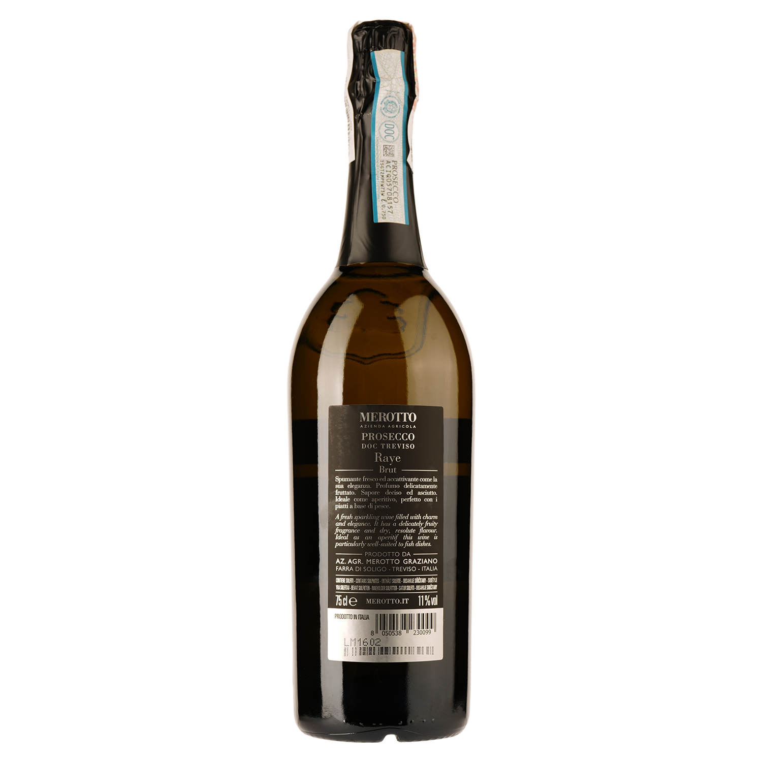Вино ігристе Merotto Raye Prosecco Brut, біле, брют, DOC, 11%, 0,75 л (40411) - фото 2