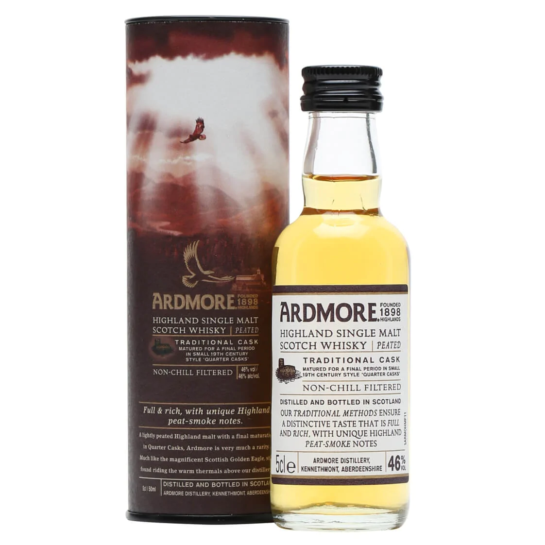 Виски Ardmore Traditional Cask Peated Single Malt Scotch Whisky, в подарочной упаковке, 46%, 0,05 л - фото 1