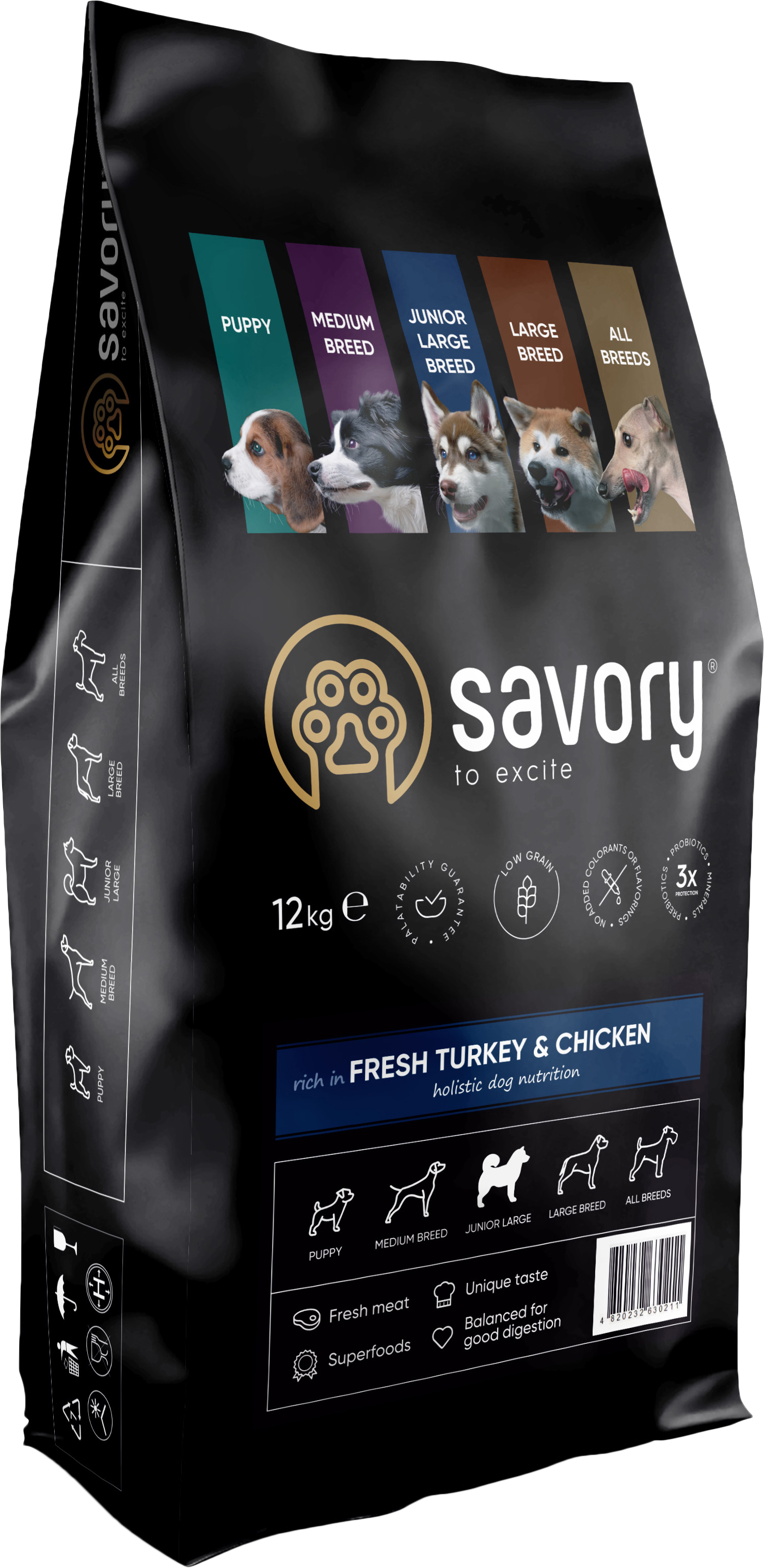 Сухий корм для цуценят великих порід Savory Junior Large rich in Fresh Turkey&Chicken, зі свіжим м'ясом індички і куркою, 12 кг - фото 1