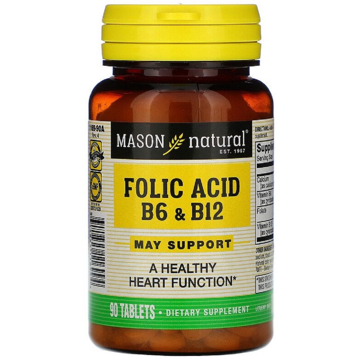 Фолієва кислота B6 і B12 Mason Natural Folic Acid B6 & B12, 90 пігулок - фото 1