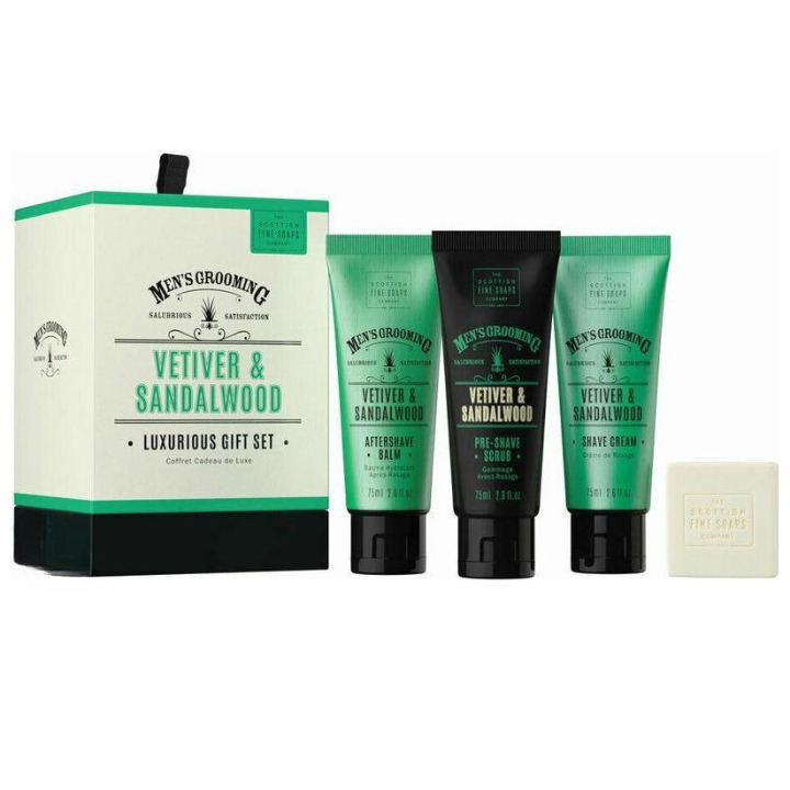 Подарочный набор Scottish Fine Soaps Men’s Grooming Vetiver&Sandalwood Ветивер: Скраб 75 мл + Крем для бритья 75 мл + Бальзам после бритья 75 мл+ Твердое мыло 40 г (105011) - фото 1