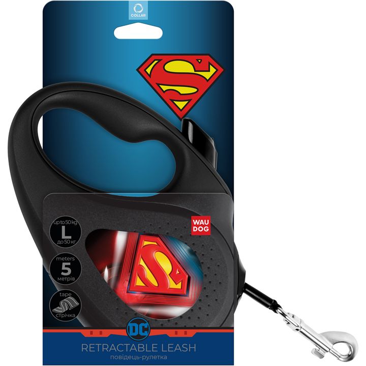 Повідець-рулетка для собак Waudog R-leash Супермен Лого, світловідбиваючий, L, до 50 кг, 5 м, чорний - фото 3