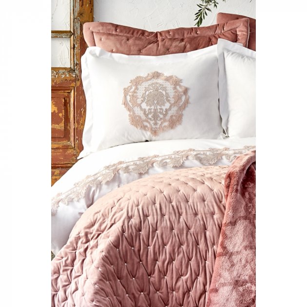 Набір постільна білизна з покривалом та пледом Karaca Home Chester pudra 2020-1, євро, рожевий, 10 предметів (svt-2000022238540) - фото 2