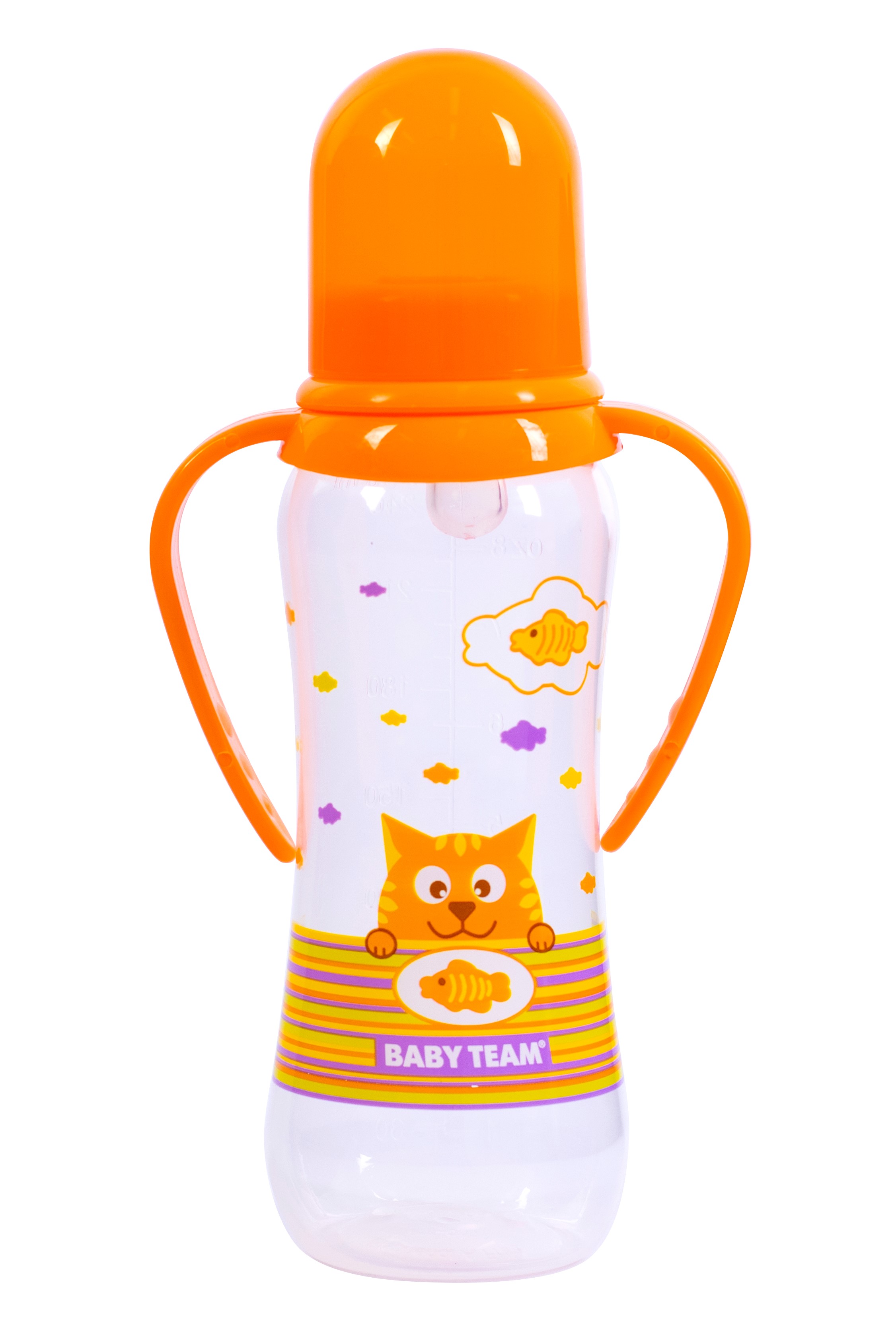 Бутылочка для кормления Baby Team, с ручками и силиконовой соской, 250 мл, оранжевый (1411_оранжевый) - фото 1