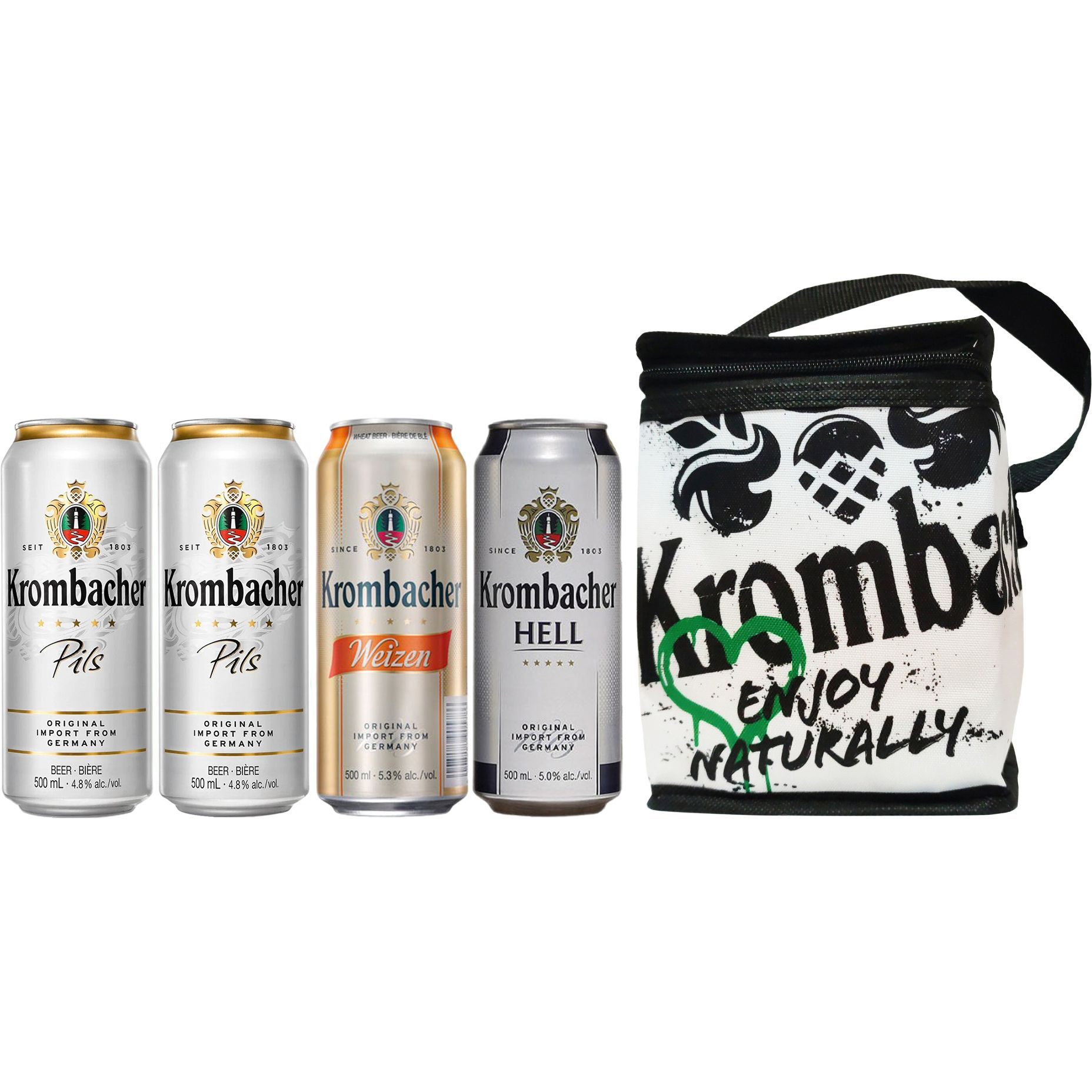 Набор: пиво Krombacher Weizen 0.5 л + Krombacher Hell 0.5 л + Krombacher Pils (2 шт. х 0.5 л = 1 л) + термосумка - фото 1