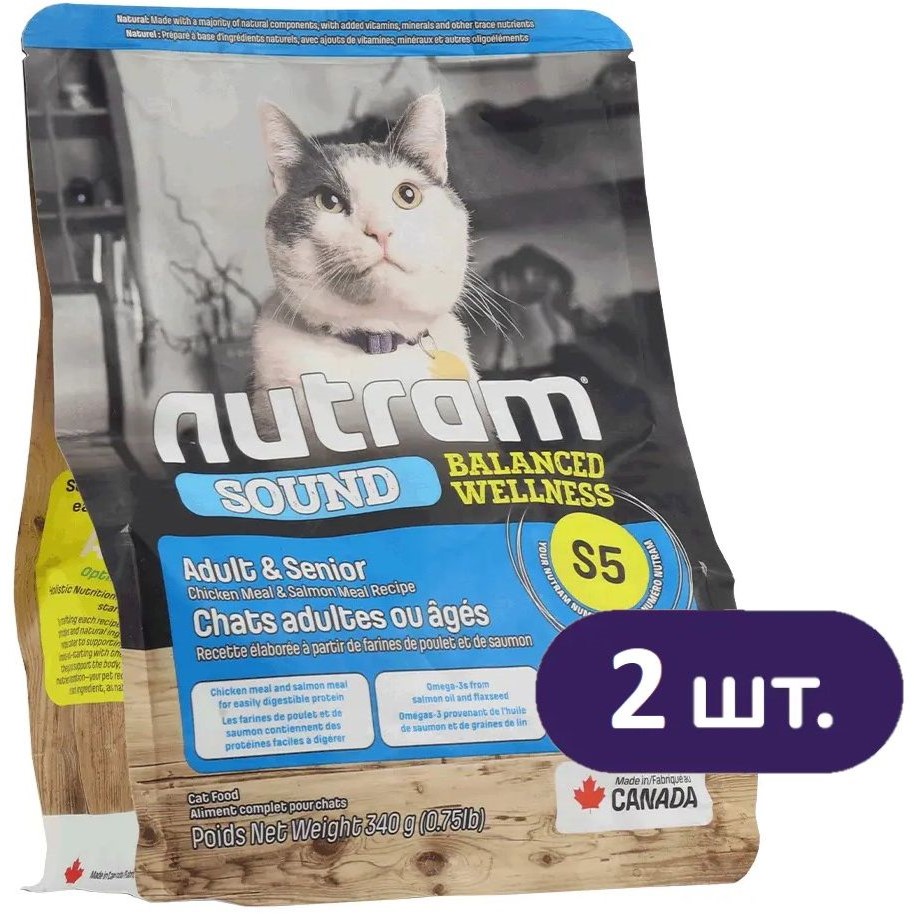 Акция!! 2 по цене 1: Сухой корм для котов Nutram - S5 Sound Balanced Wellness Adult Cat, курица-лосось 680 г (2 шт. х 340 г) - фото 1