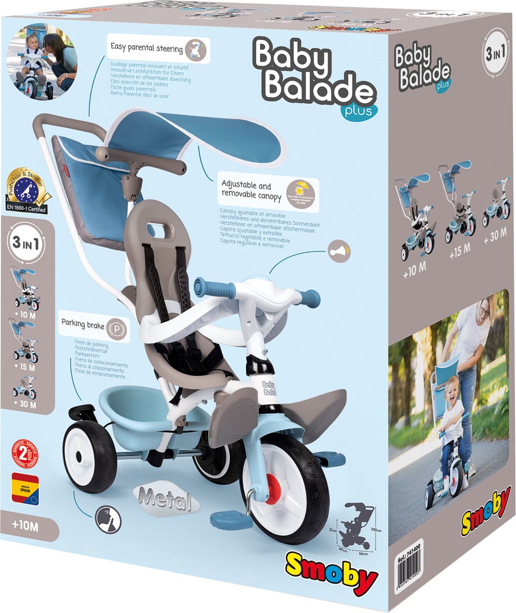 Триколісний велосипед Smoby Toys з козирком, багажником і сумкою, блакитний (741400) - фото 10