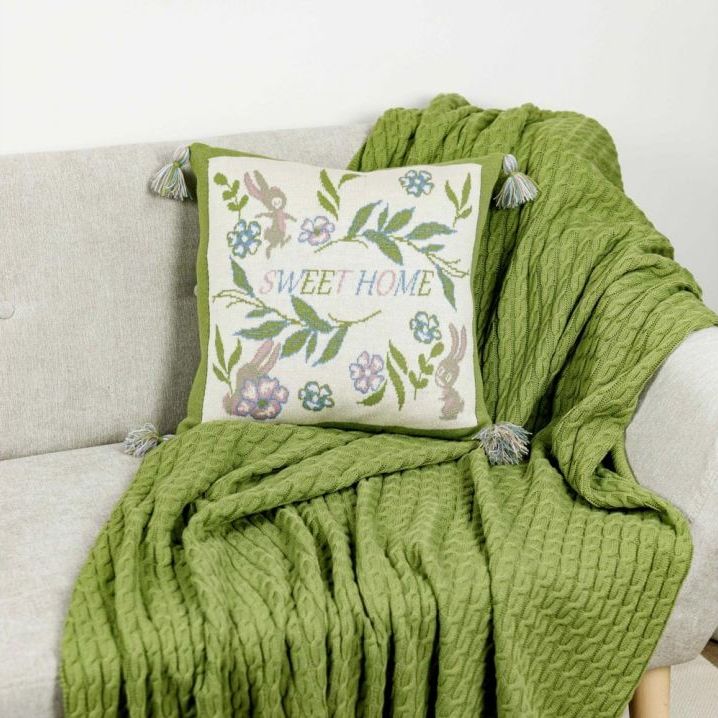 Наволочка в'язана Прованс Sweet home, 45х45 см, бежева із зеленим (28457) - фото 1