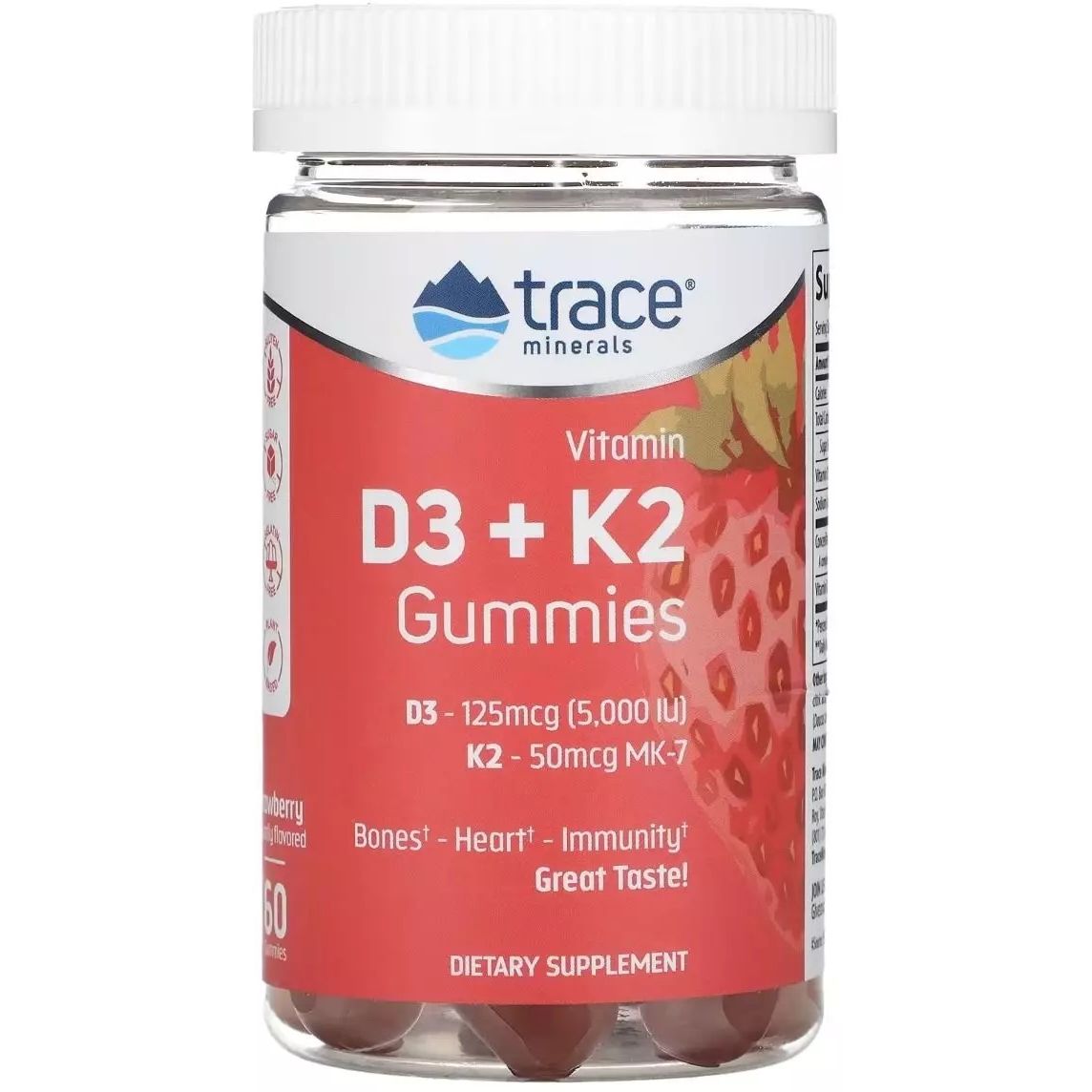 Вітамін D3 + K2 Trace Minerals Gummies зі смаком полуниці 60 цукерок - фото 1