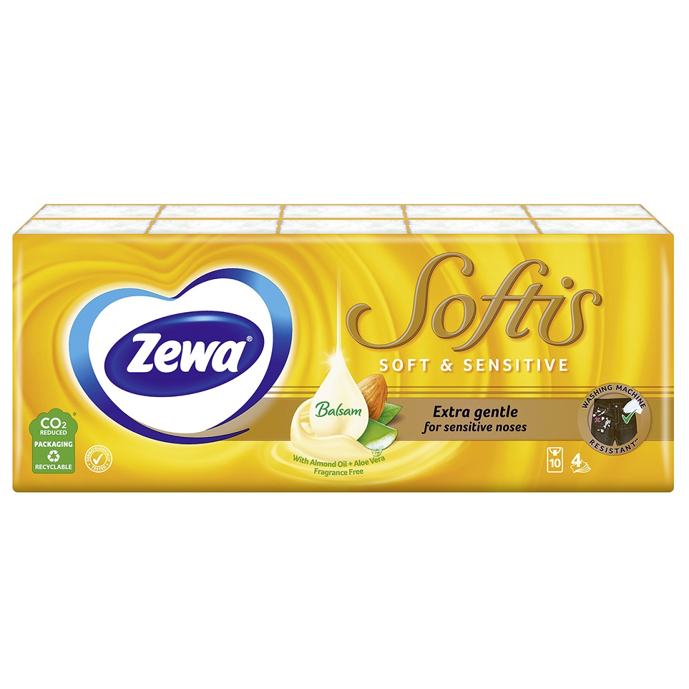 Носові хустки Zewa Softis Soft&Sensitive, чотирьохшарові, 10 уп. по 9 шт. (830422) - фото 1
