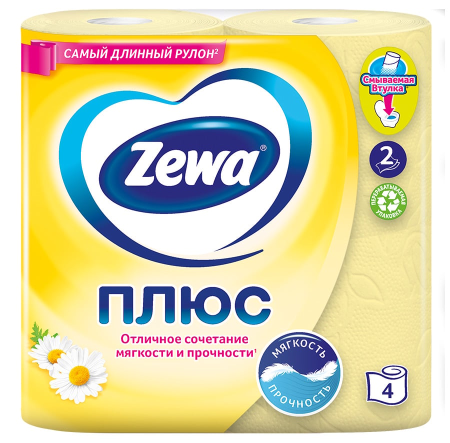 Двухслойная туалетная бумага Zewa Plus Ромашка, желтый, 4 рулона - фото 2