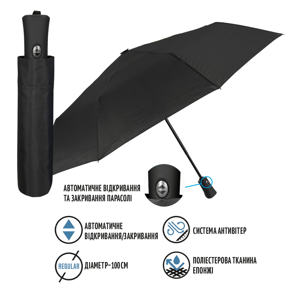 Зонтик Perletti Ombrelli складной автоматический с системой антиветер черный (96009-01) - фото 5