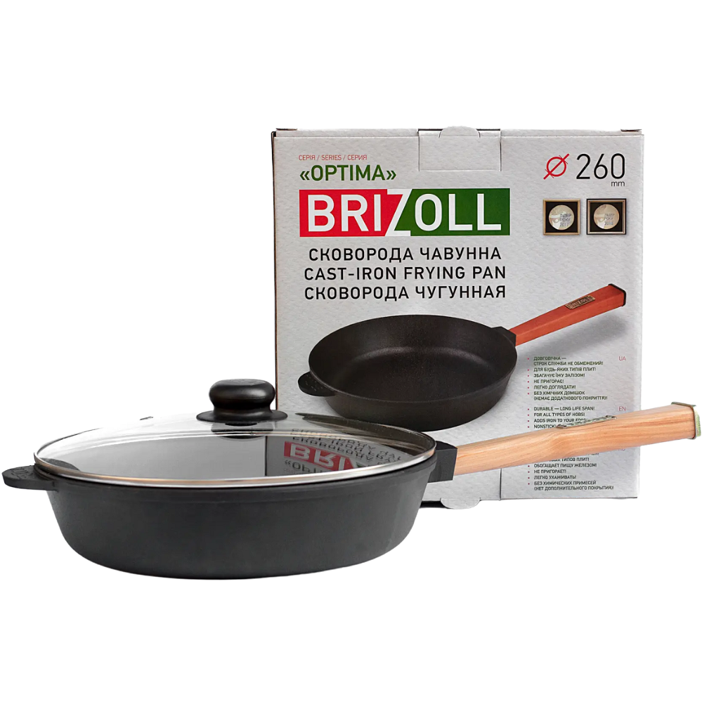Сковорода Brizoll Optima з кришкою, чавунна, 26х6 см (O2660-P-C) - фото 1