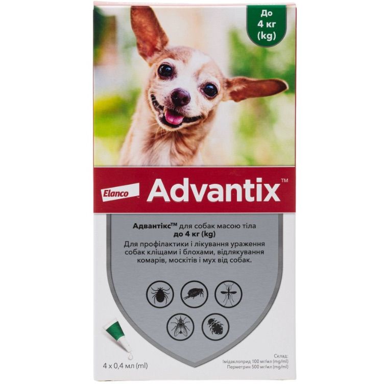 Капли Bayer Адвантикс от блох и клещей, для собак до 4 кг, 4 пипетки - фото 1