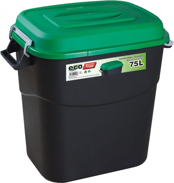 Бак для сміття Tayg Eco, 75 л, з кришкою та ручками, чорний із зеленим (411038) - фото 1
