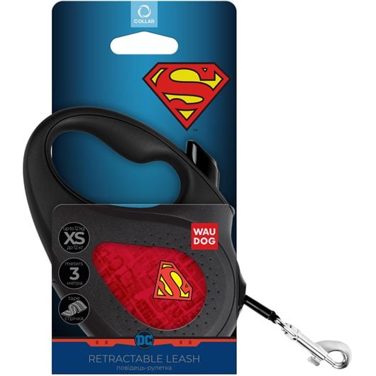 Повідець-рулетка для собак Waudog R-leash Супермен Лого Червоний, світловідбиваючий, XS, до 12 кг, 3 м, чорний - фото 3
