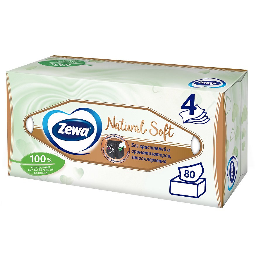 Салфетки косметические Zewa Natural Soft, четырехслойные, 80 шт. - фото 1