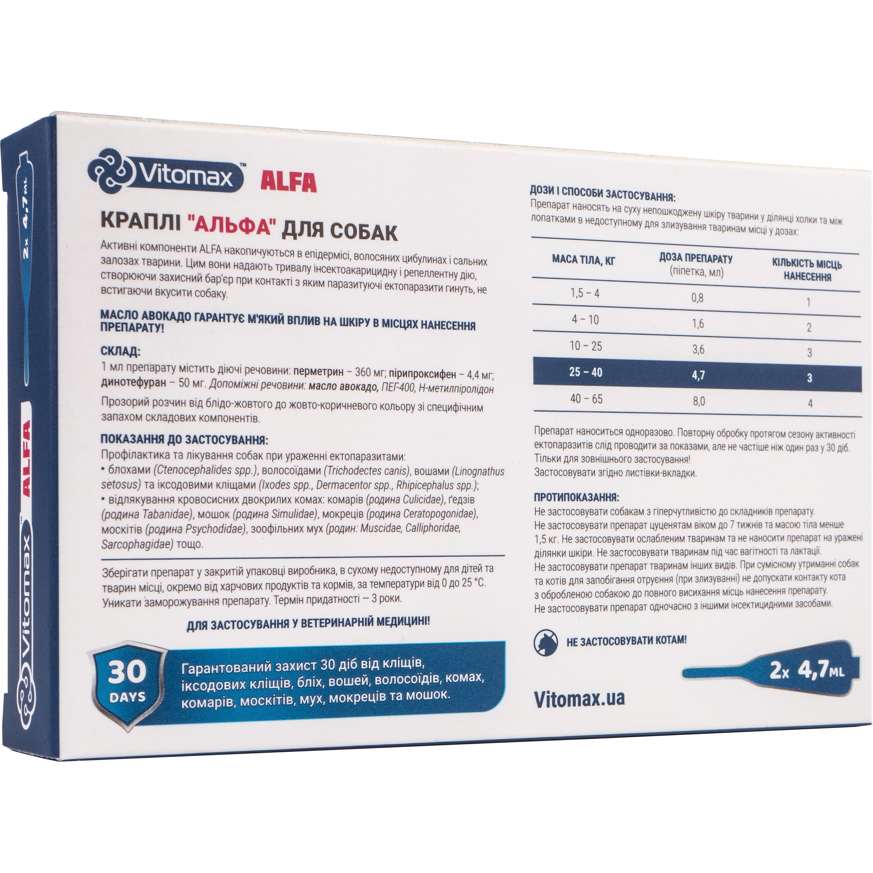 Капли на холку Vitomax Alfa противопаразитарные для собак 25-40 кг, 4.7 мл, 2 пипетки - фото 3