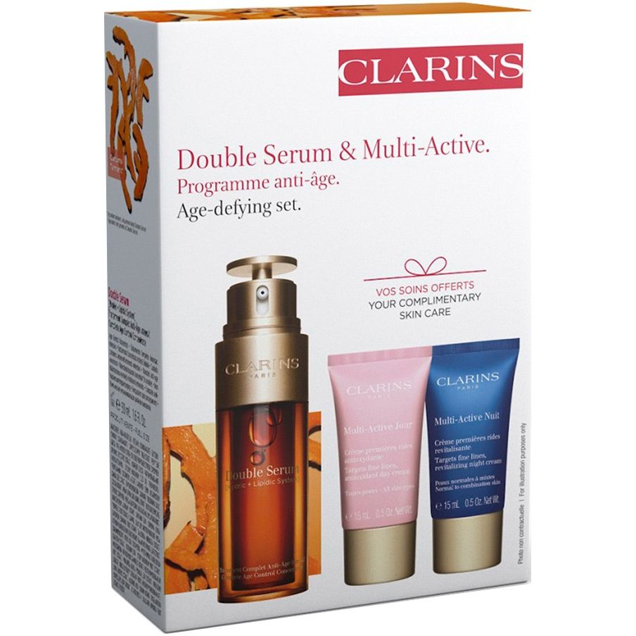 Подарунковий набір Clarins Gift Set Double Serum And Multiactive: сироватка для обличчя, 50 мл + денний крем для обличчя, 15 мл + нічний крем для обличчя, 15 мл - фото 1