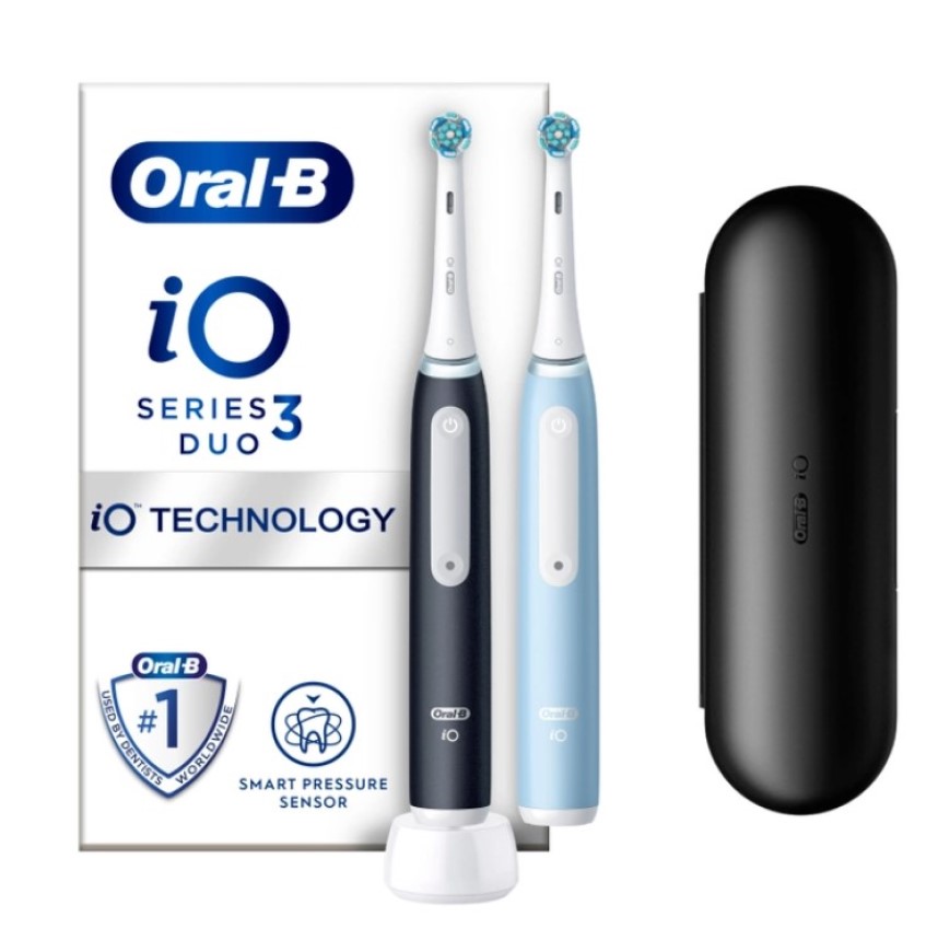 Набор электрических зубных щеток Oral-B Braun iO3 черная и голубая + футляр - фото 1