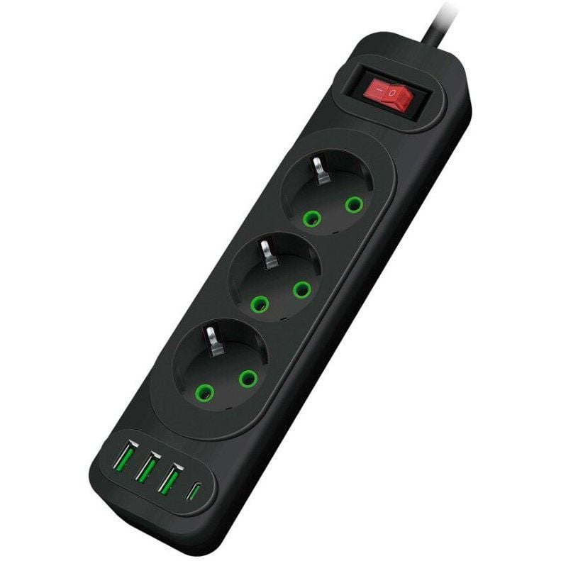 Мережевий фільтр подовжувач Voltronic F-23U 3 розетки EU+3xUSB+Type-C 2 м 3х0.75 мм 2500W Black - фото 1