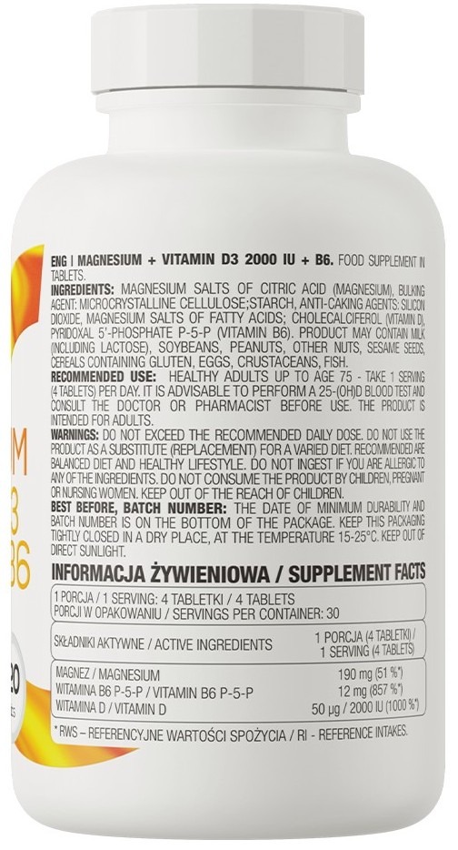 Витамины и минералы OstroVit Magnesium + Vitamin D3 2000 IU + B6 120 таблеток - фото 3