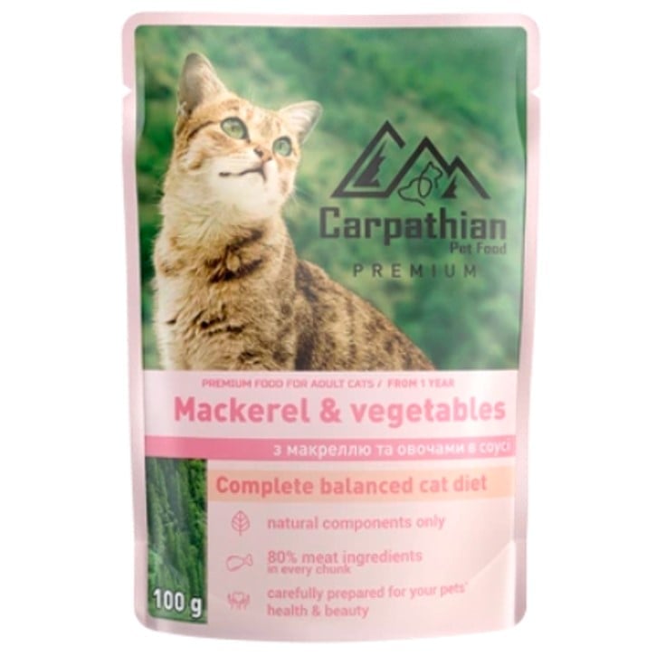 Вологий корм для котів Carpathian Pet Food Макрель з овочами в соусі, 100г - фото 1