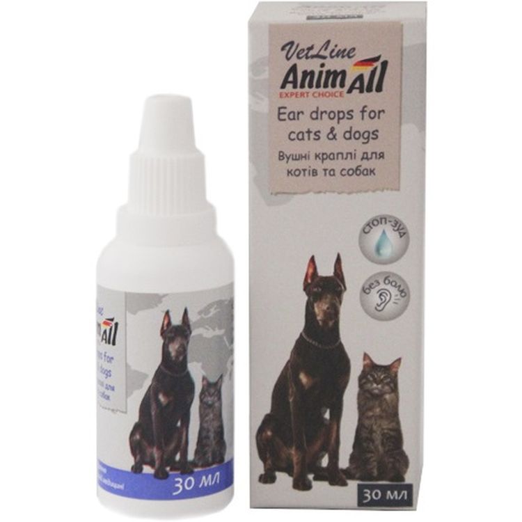 Фото - Лекарства и витамины AnimAll Краплі вушні  VetLine для собак і котів 30 мл 