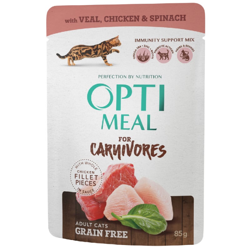 Беззерновий вологий корм для котів Optimeal for carnivores, з телятиною, курячим філе та шпинатом у соусі, 85 г (815893) - фото 1