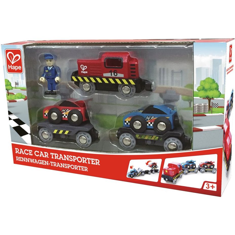 Набір для іграшкової залізниці Hape Поїзд-транспортер для гоночних автомобілів (E3735) - фото 8