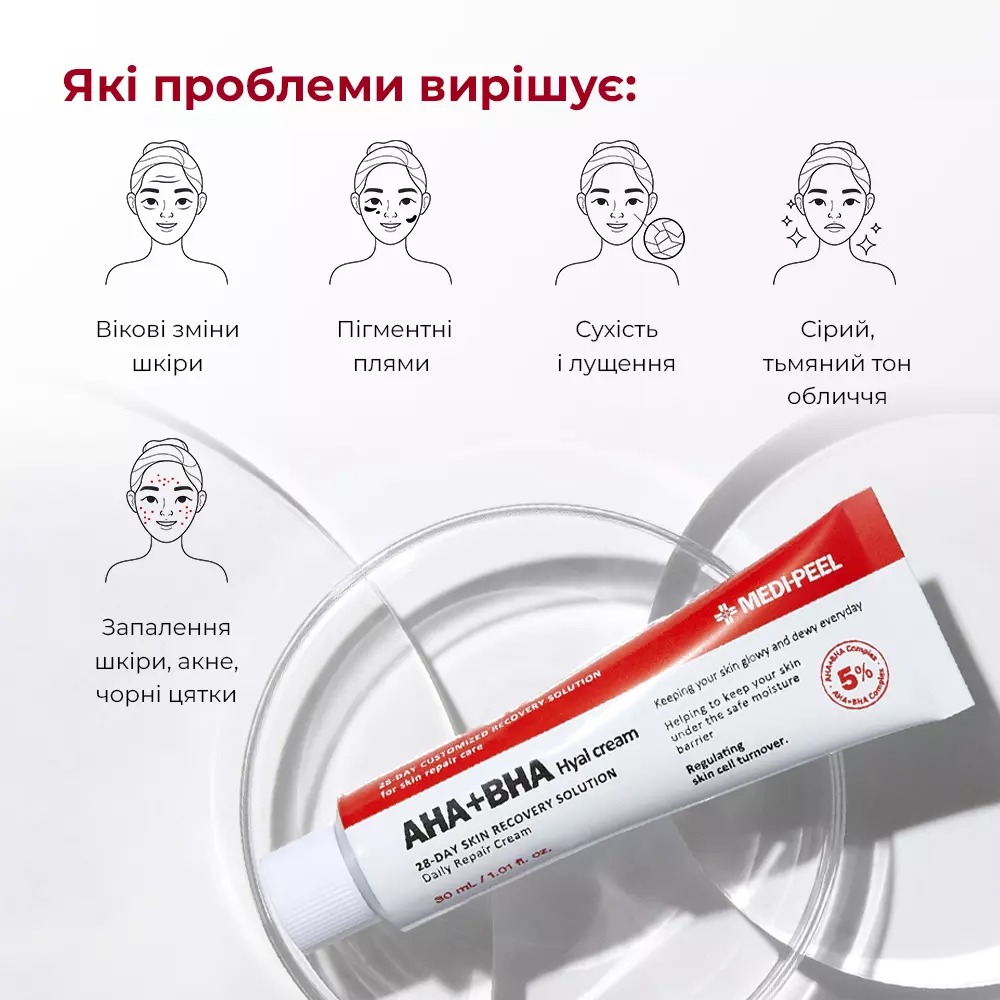 Крем-пілінг для обличчя Medi-Peel AHA BHA 28 Days Hyal Cream відновлювальний з кислотами та пептидами 30 мл - фото 5