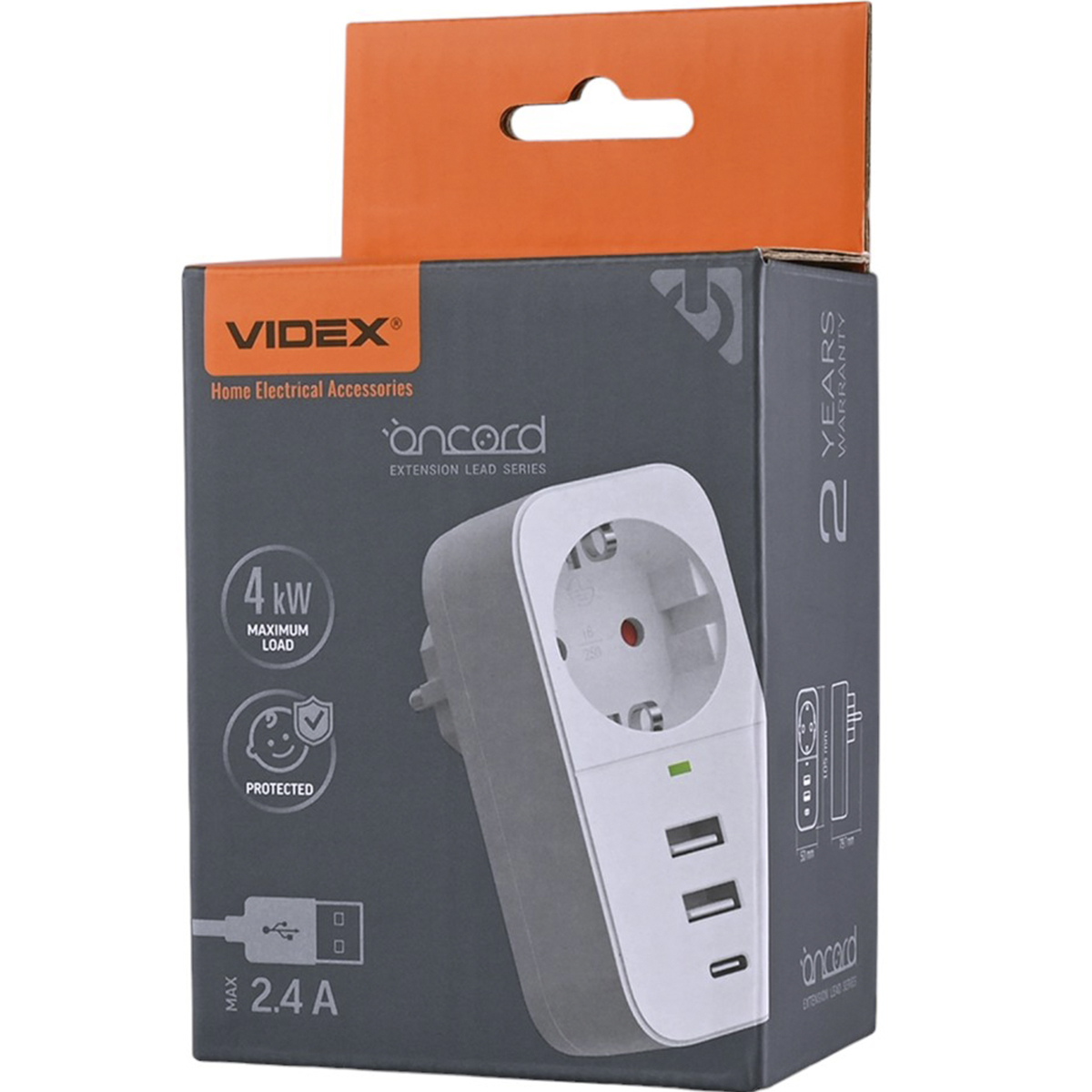 Сетевой адаптер Videx Oncord с/з 1п 2.4 A 2 USB+USB-C white (VF-AD1G2U1C-W) - фото 1