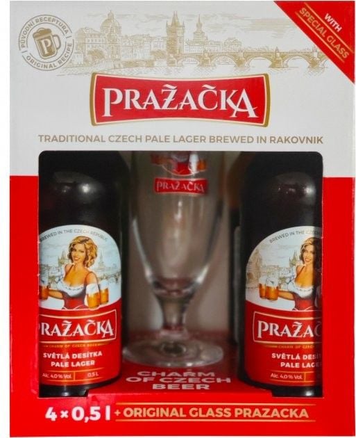 Набор пива Prazаcka светлое 4% (4 шт. х 0.5 л) + бокал - фото 1