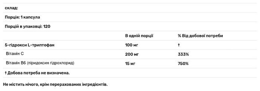 5-НТР 5-гідрокси Doctor's Best L-триптофан з вітамінами B6 і C 120 капсул - фото 3