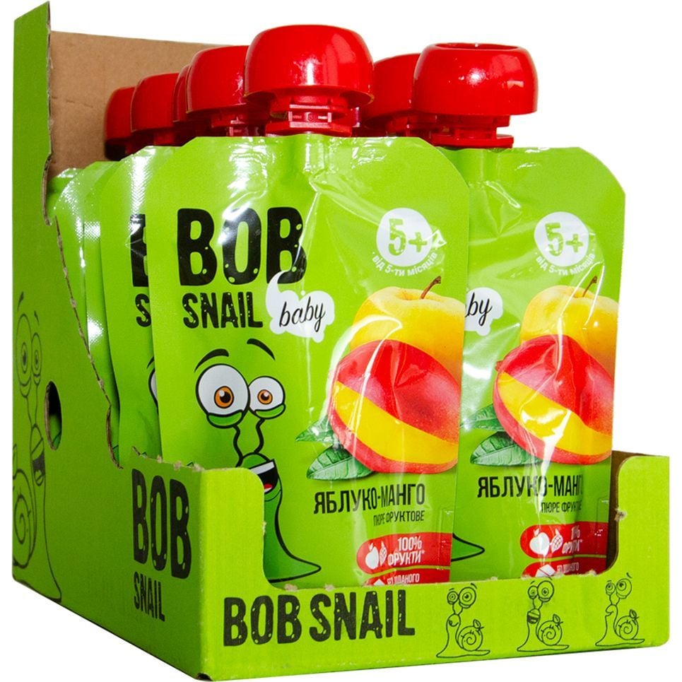Пюре фруктове Bob Snail Яблуко-Манго, пастеризоване 900 г (10 шт. по 90 г) - фото 1