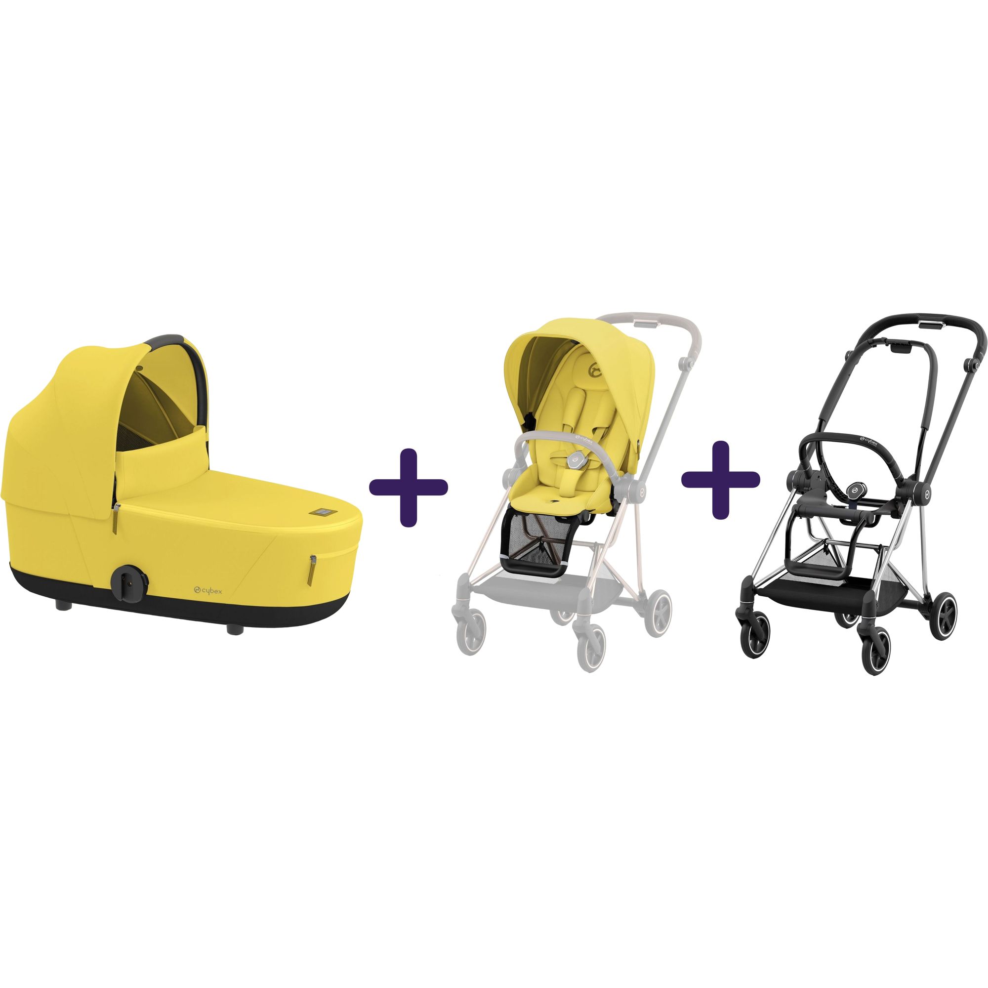 Люлька Cybex Mios Lux Mustard Yellow + Комплект текстиля для прогулочного блока Cybex Mios Mustard Yellow + Шасси для коляски Cybex Mios LS RBA Chrome Black - фото 1