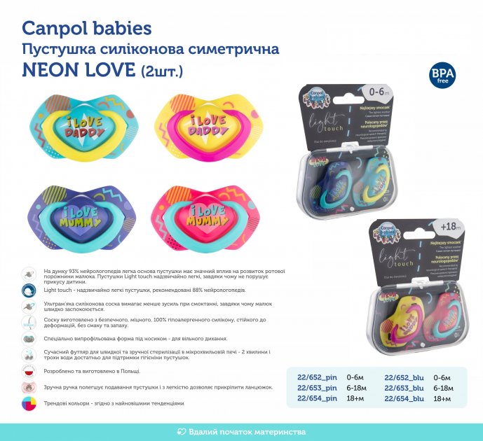 Силіконова симетрична пустушка Canpol babies Neon Love, 6-18 міс., 2 шт., блакитний (22/653_blu) - фото 4