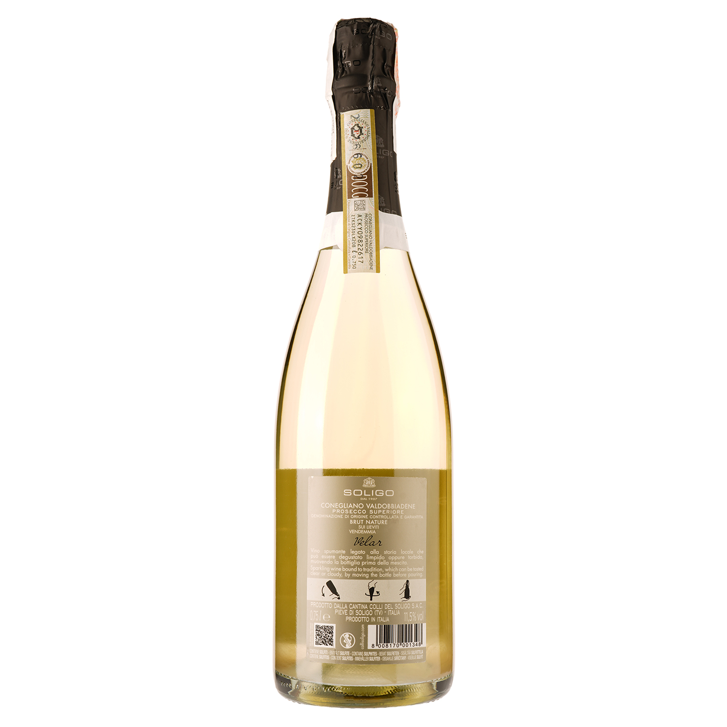 Ігристе вино Soligo Col Fondo Sparkling Prosecco DOCG, біле, нон-дозаж, 11,5%, 0,75 л - фото 2